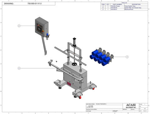 Automatic inline 8 pistons filler machine high-precision, high viscocity liquid products model Trupiston, Assy 700-000, by Acasi Machinery Inc.