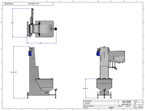 Cap feeder and sorter, type waterfall, model 810-000 V18 dimensions, by Acasi Machinery Inc.