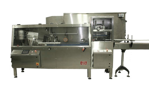 Automatic bottle unscrambler with Independent 100 cubic foot hopper and secondary orientation, model TruSort-SO, by Acasi Machinery Inc., front view