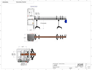 Automatic bottle unscrambler with Independent 100 cubic foot hopper and secondary orientation, model TruSort-SO V1 dimensions, by Acasi Machinery Inc.