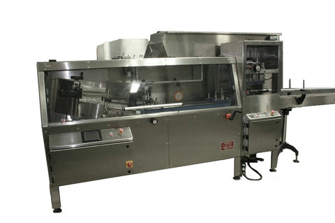 Automatic bottle unscrambler with Independent 100 cubic foot hopper and secondary orientation, model TruSort-SO, by Acasi Machinery Inc., front and left view