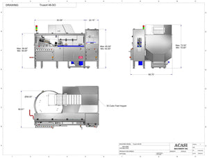 Automatic bottle unscrambler with Independent 100 cubic foot hopper and secondary orientation, model TruSort-SO dimensions, by Acasi Machinery Inc.