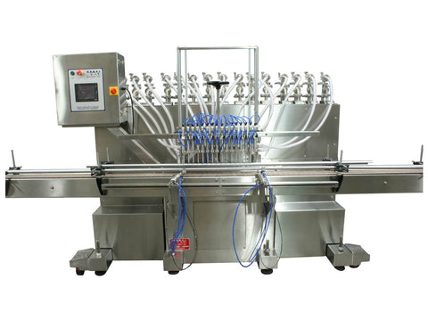 Automatic inline 16 pistons filler machine high-precision, electrically-driven ball screw movement, high viscocity liquid products, model Trupiston, by Acasi Machinery Inc., front view