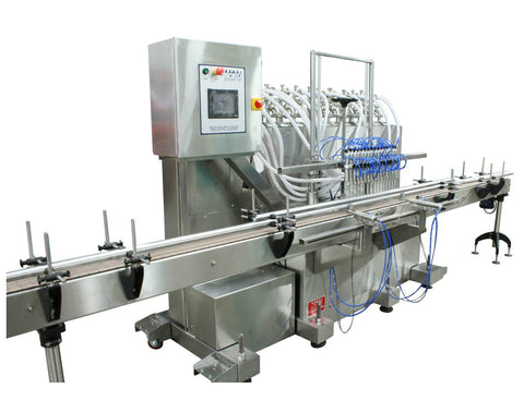 Automatic inline 16 pistons filler machine high-precision, electrically-driven ball screw movement, high viscocity liquid products, model Trupiston, by Acasi Machinery Inc., left and front view