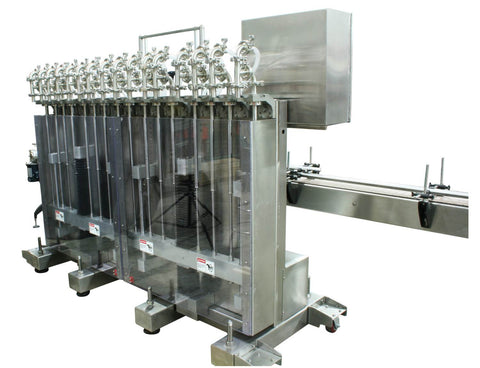 Automatic inline 16 pistons filler machine high-precision, electrically-driven ball screw movement, high viscocity liquid products, model Trupiston, by Acasi Machinery Inc., right and rear view