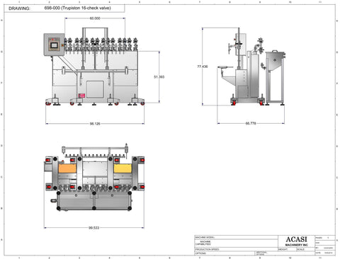 Automatic inline 16 pistons filler machine high-precision model Trupiston dimensions by Acasi Machinery Inc.