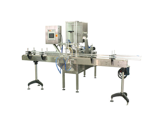 Automatic inline 2 pistons filler machine pneumatic driven with independent adjustment for each piston, high viscocity liquid products, model Trupiston, by Acasi Machinery Inc., right and front view.