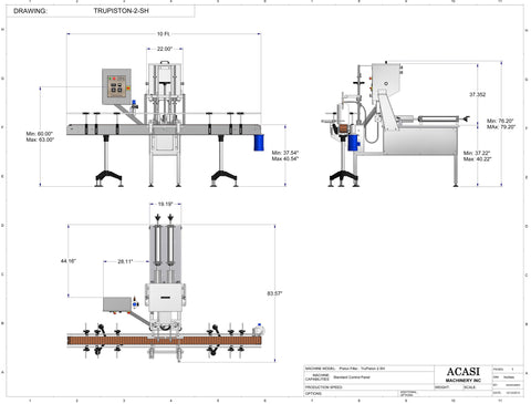 Automatic inline 2 pistons filler machine pneumatic driven with independent adjustment for each piston, high viscocity liquid products, model Trupiston dimensions, by Acasi Machinery Inc.