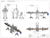 Automatic inline 4 miniature pistons filler machine, gating cylinders to automatically control handling of the bottles, high viscocity liquid products, model Minipiston dimensions, by Acasi Machinery Inc.