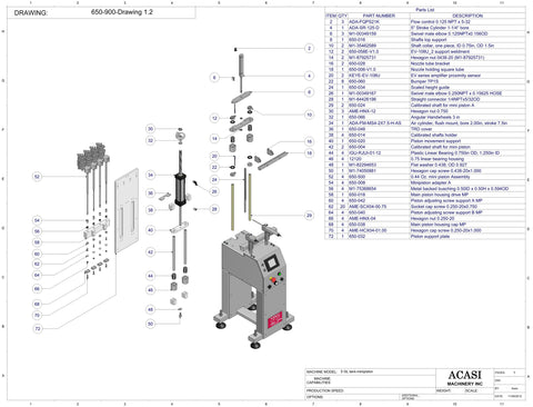 Automatic inline 4 miniature pistons filler machine, gating cylinders to automatically control handling of the bottles, high viscocity liquid products, model MiniPiston-4, Assy 650-900-Drawing 2.1, by Acasi Machinery Inc.