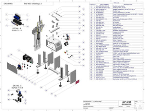 Automatic inline 4 miniature pistons filler machine, gating cylinders to automatically control handling of the bottles, high viscocity liquid products, model Minipiston, Assy 650-900 - Drawing 2.2, by Acasi Machinery Inc.