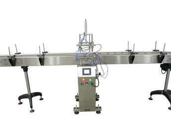 Automatic inline 4 miniature pistons filler machine, gating cylinders to automatically control handling of the bottles, high viscocity liquid products, model Minipiston, by Acasi Machinery Inc., front view.