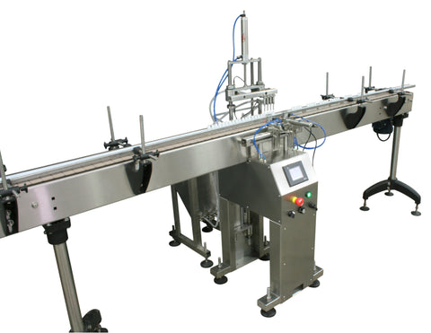 Automatic inline 4 miniature pistons filler machine, gating cylinders to automatically control handling of the bottles, high viscocity liquid products, model Minipiston, by Acasi Machinery Inc., left and front view.