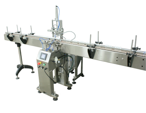 Automatic inline 4 miniature pistons filler machine, gating cylinders to automatically control handling of the bottles, high viscocity liquid products, model Minipiston, by Acasi Machinery Inc., right and front view.