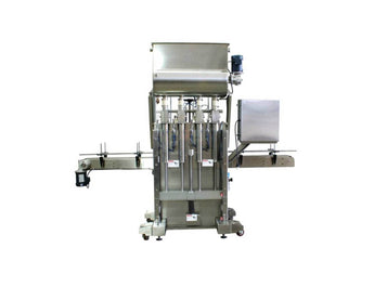 Automatic inline 4 pistons filler machine high-precision, electrically-driven ball screw movement, high viscocity liquid products, model Trupiston, by Acasi Machinery Inc., rear view