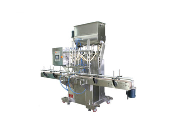 Automatic inline 4 pistons filler machine high-precision, electrically-driven ball screw movement, high viscocity liquid products, model Trupiston, by Acasi Machinery Inc., right and front view