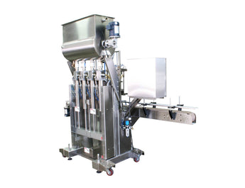 Automatic inline 4 pistons filler machine high-precision, electrically-driven ball screw movement, high viscocity liquid products, model Trupiston, by Acasi Machinery Inc.,right and rear view