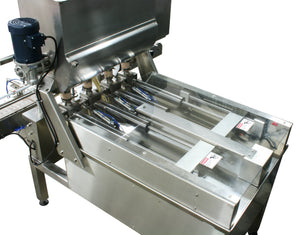 Automatic inline 4 pistons filler machine high-precision, electrically-driven ball screw movement, high viscocity liquid products, model Trupiston, by Acasi Machinery Inc., left and rear view, pistons detail.