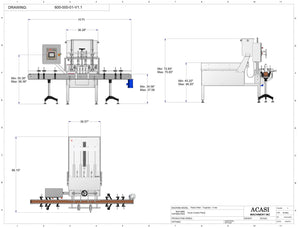 Automatic inline 4 pistons filler machine high-precision, high viscocity liquid products, model Trupiston dimensions, by Acasi Machinery Inc.