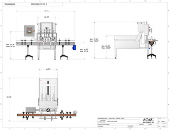 Automatic inline 4 pistons filler machine high-precision, high viscocity liquid products, model Trupiston dimensions, by Acasi Machinery Inc.