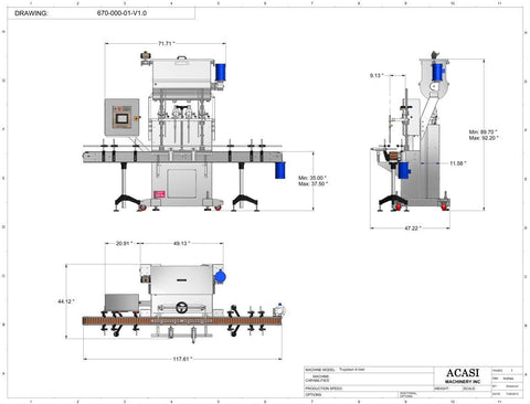 Automatic inline 4 pistons filler machine high-precision, model Trupiston dimensions, by Acasi Machinery Inc.