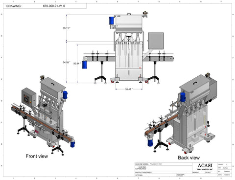 Automatic inline 4 pistons filler machine high-precision, model Trupiston dimensions 2, by Acasi Machinery Inc.