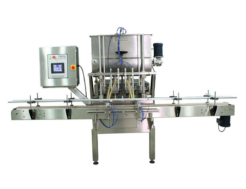Automatic inline 4 pistons filler machine high – precisión, electrically-drive ball screw movement, high viscosity liquid product, model Trupiston, by Acasi Machinery Inc, Front view.