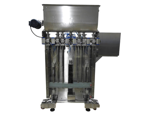 Automatic inline 6 pistons filler machine high-precision, electrically-driven ball screw movement, high viscocity liquid products, model Trupiston, by Acasi Machinery Inc., back view