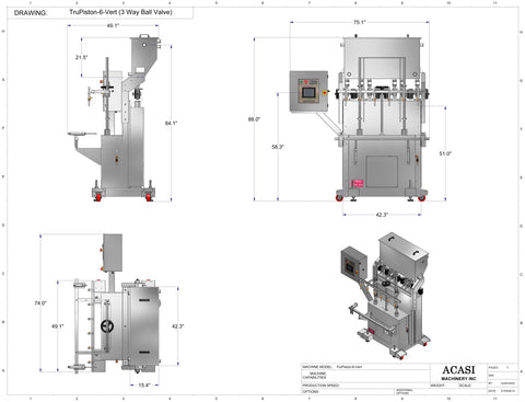 Automatic inline 6 pistons filler machine high-precision, model Trupiston dimensions, by Acasi Machinery Inc.