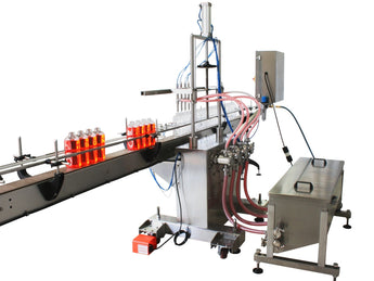 Automatic inline 8 gear pumps filler machine, individual filling volume and speed adjusment for each pump, high viscocity liquid products, model Trupump, by Acasi Machinery Inc., left and front view.