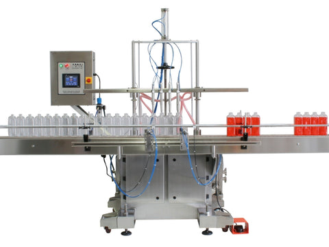 Automatic inline 8 gear pumps filler machine, individual filling volume and speed adjusment for each pump, high viscocity liquid products, model Trupump, by Acasi Machinery Inc., left and rear view.