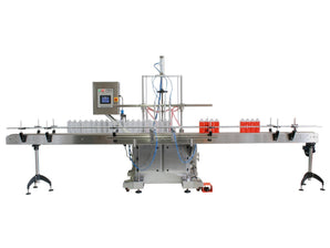 Automatic inline 8 gear pumps filler machine, individual filling volume and speed adjusment for each pump, high viscocity liquid products, model Trupump, by Acasi Machinery Inc., front view.