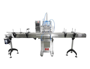 Automatic inline 8 miniature pistons filler machine, gating cylinders to automatically control handling of the bottles, high viscocity liquid products, model Minipiston, by Acasi Machinery Inc., front view.