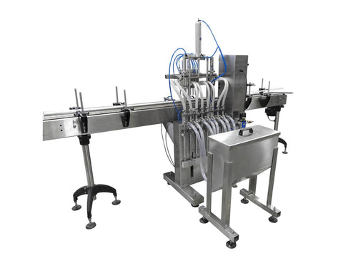 Automatic inline 8 miniature pistons filler machine, gating cylinders to automatically control handling of the bottles, high viscocity liquid products, model Minipiston, by Acasi Machinery Inc., left and back view.