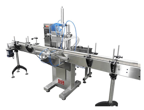 Automatic inline 8 miniature pistons filler machine, gating cylinders to automatically control handling of the bottles, high viscocity liquid products, model Minipiston, by Acasi Machinery Inc., right and front view.