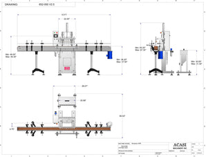 Automatic inline 8 miniature pistons filler machine, gating cylinders to automatically control handling of the bottles, high viscocity liquid products, model Minipiston dimensions, by Acasi Machinery Inc