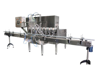 Automatic inline 8 pistons filler machine high-precision, electrically-driven ball screw movement, high viscocity liquid products, model Trupiston, by Acasi Machinery Inc., right and front view.