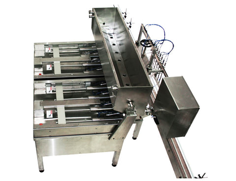 Automatic inline 8 pistons filler machine high-precision, electrically-driven ball screw movement, high viscocity liquid products, model Trupiston, by Acasi Machinery Inc., top and rear view.