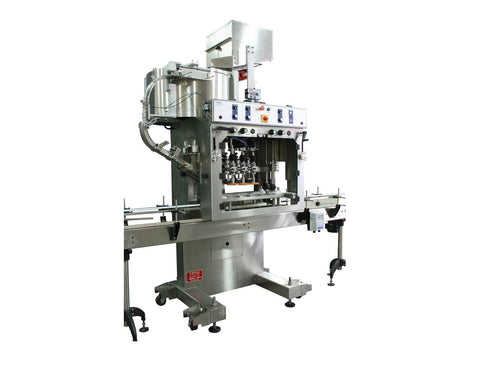 Automatic inline bottle cap machine with bowl cap sorter model -Trucap-X-Cent by Acasi Machinery Inc. left and front view