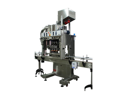 Automatic inline bottle cap machine with bowl cap sorter model -Trucap-X-Cent by Acasi Machinery Inc. right and front view