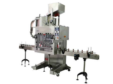 Automatic inline bottle capping machine with bowl cap sorter, model CAI-X-Cent, by Acasi Machinery Inc., right and front view