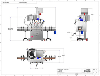 Automatic inline bottle capping machine, model TruCap-X-Cent dimensions, by Acasi Machinery Inc.