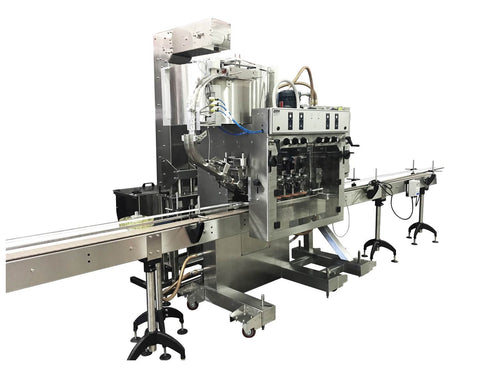 Automatic inline bottle capping machine with bowl cap sorter, model - Trucap-X-Cent with cap elevator, by Acasi Machinery Inc., left and front view