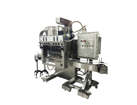 Automatic inline bottle capping machine with bowl cap sorter, model - Trucap-X-Cent with cap elevator, by Acasi Machinery Inc., right and front view