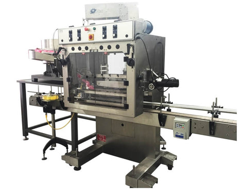 Automatic inline bottle capping machine with vibratory cap feeder, model - Trucap-X-Vib, by Acasi Machinery Inc., right and front view