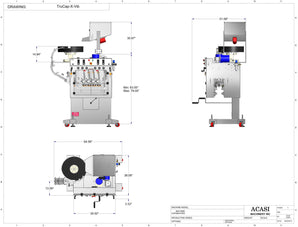 Automatic inline bottle capping machine with vibratory cap feeder, model TruCap-X-Vib dimensions, by Acasi Machinery Inc.