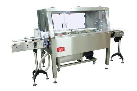 Automatic inline bottle cleaner with dry or wet cleaning options, model BR-15, by Acasi Machinery Inc., front and left view