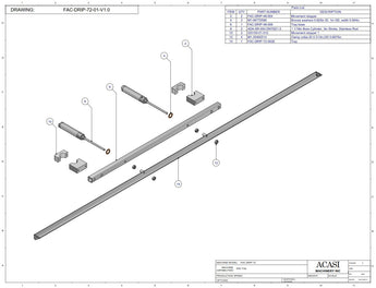 Automatic inline bottle filler machine, low and high viscosity, Assy FAC-DRIP-72-01-V1.0, by Acasi Machinery Inc.
