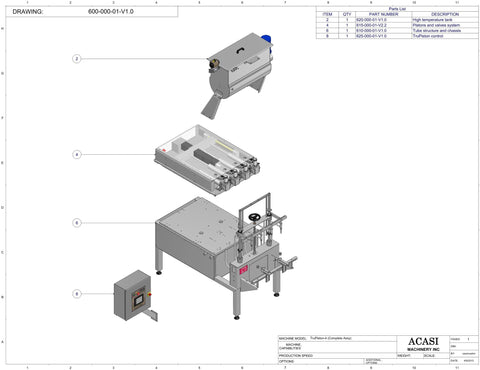 Automatic inline piston filler machine, Model Trupiston 4 Hor, Assy 600-000-01-V1.0, by Acasi Machinery Inc.