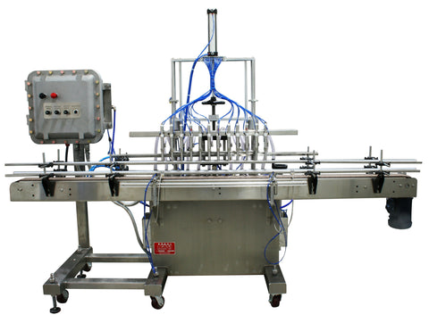 Automatic inline piston filler machine, explosion proof construction, model PI3100, by Acasi Machinery Inc., front view